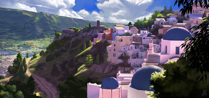 Artwork of a Mediterranean village on a hillside
