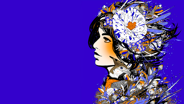 Woman with flowers and bird artwork by DJ Okawari