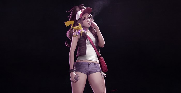 Hilda from Pokémon smoking with Pikachu