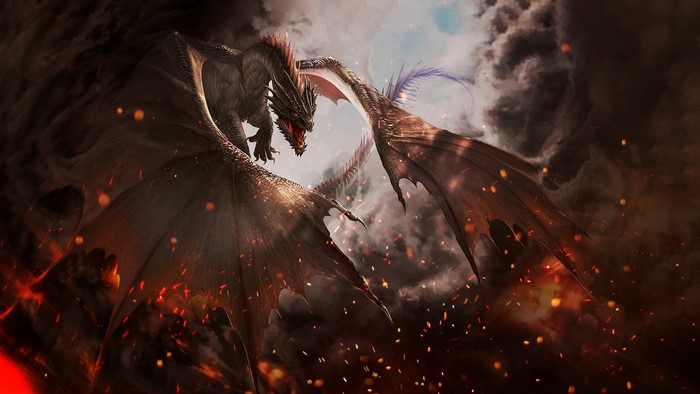 Two dragons in a fiery, smoky sky