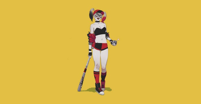 Harley Quinn with baseball bat on yellow background