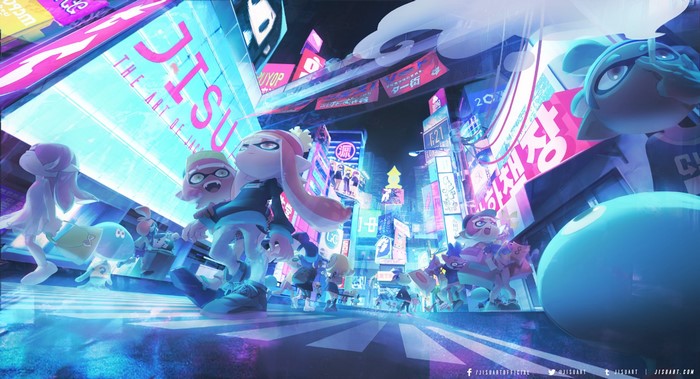 Splatoon characters in a neon-lit city street