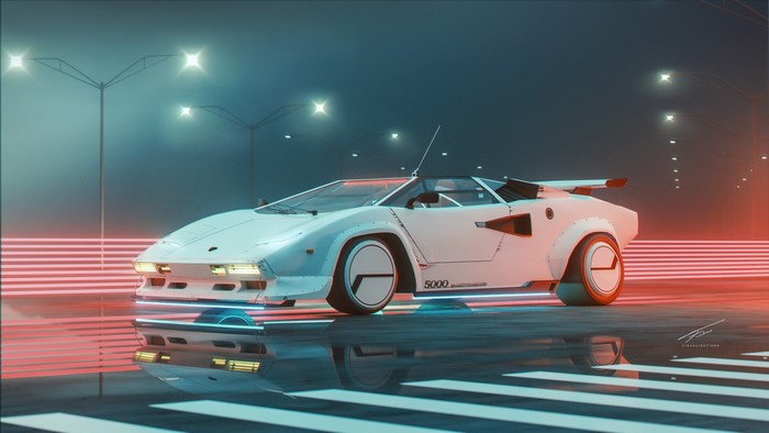 White Lamborghini Countach 5000 Quattrovalvole on wet road