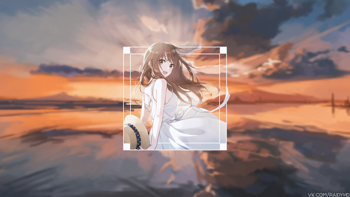 Anime girl in sundress with hat at sunset