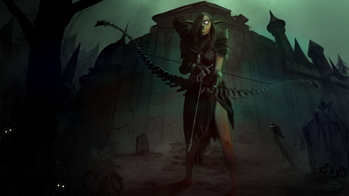 Sylvanas Windrunner from World of Warcraft in a dark fantasy setting