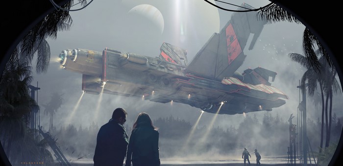 Spaceship landing in a misty jungle with people watching