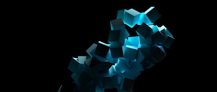 Abstract 3D cubes with cyan glow on black background