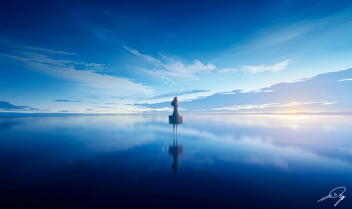 Anime girl with suitcase on reflective water under sky