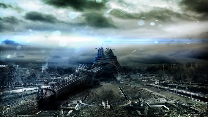 Apocalyptic Paris with destroyed Eiffel Tower