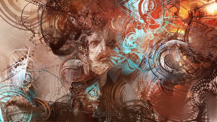 Abstract artwork with face and swirling patterns
