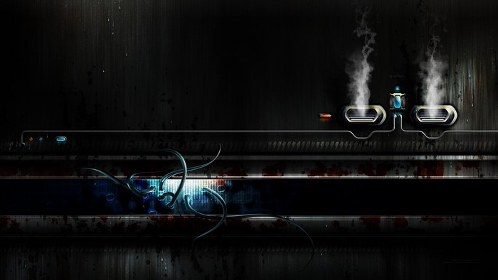 Dark industrial scene with glowing wires and steam