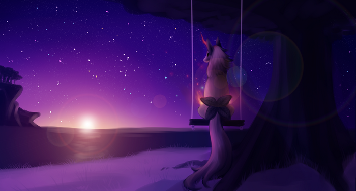 Unicorn on a swing at sunset with stars