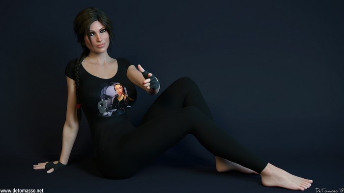 Lara Croft in black leggings and t-shirt