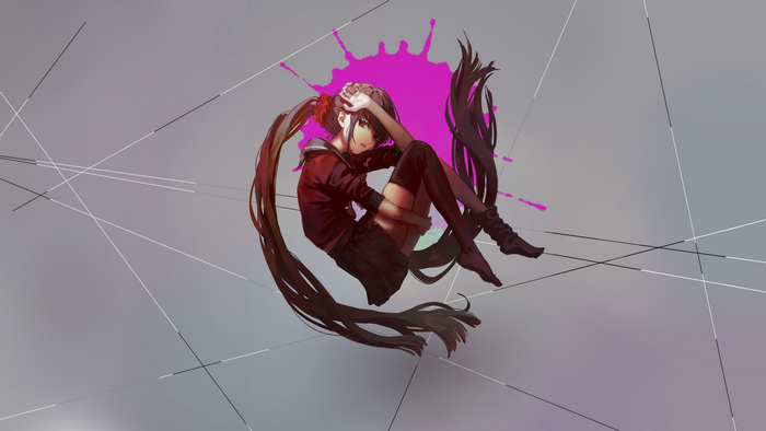 Anime girl with long dark hair and red jacket
