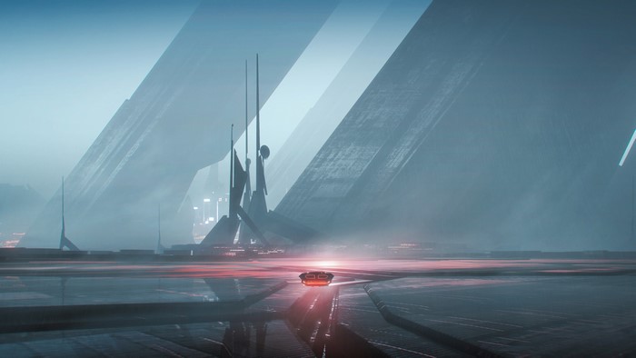 Futuristic city with glass structures and a vehicle
