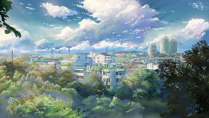 landscape, moescape, trees, sky, cityscape, anime, 2016 (Year ...