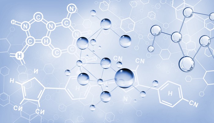 Abstract molecular structures and chemical formulas on a blue background