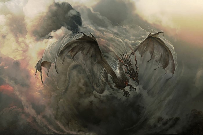 A dark dragon flying through stormy clouds