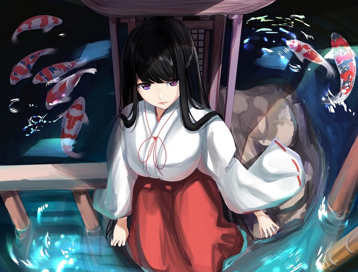 Miko girl with black hair and koi fish