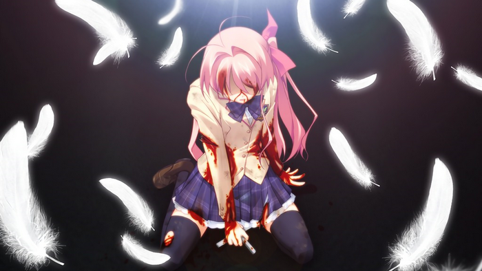 Girl from Chaos;Head covered in blood with feathers