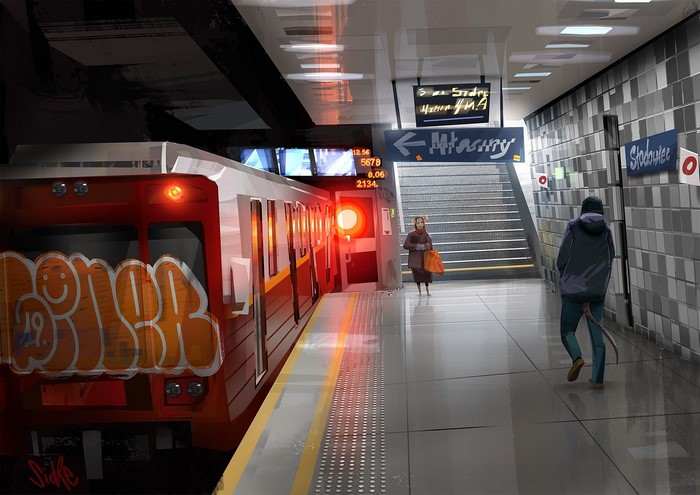 Graffiti-covered subway train at a station with people