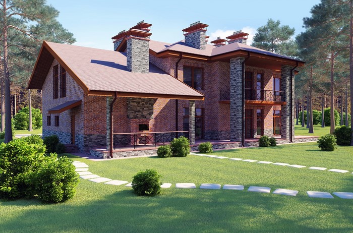 Brick house with stone accents and solar panels