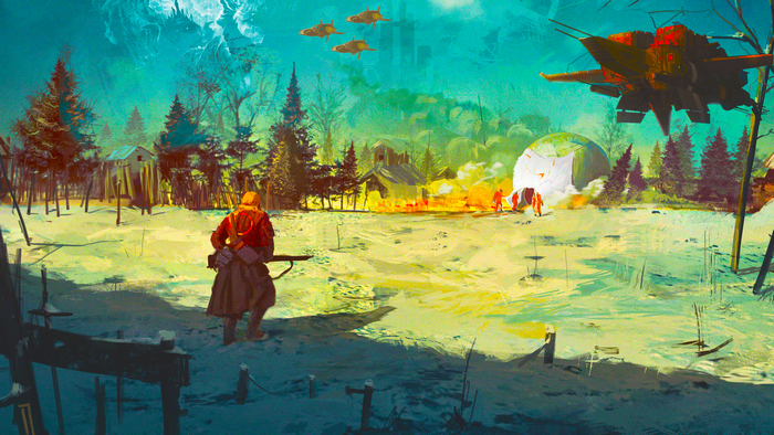 Soldier in a snowy landscape with a futuristic battle