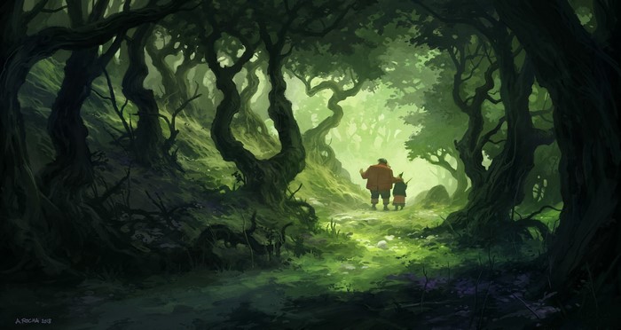 Two figures walk through a dark, enchanted forest