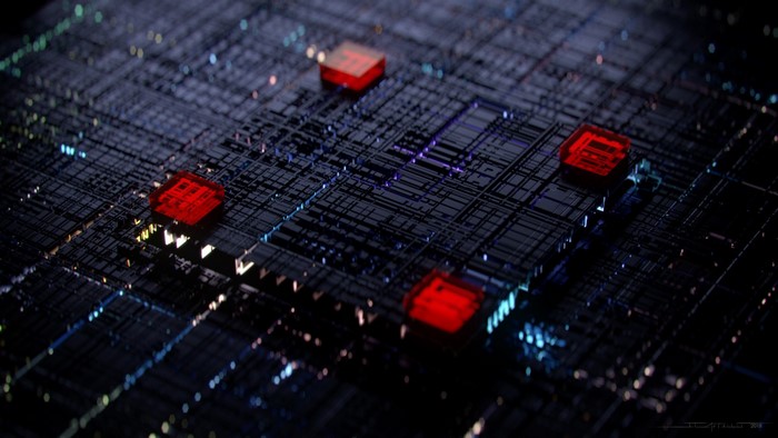 Abstract digital art of glowing red squares on circuit board