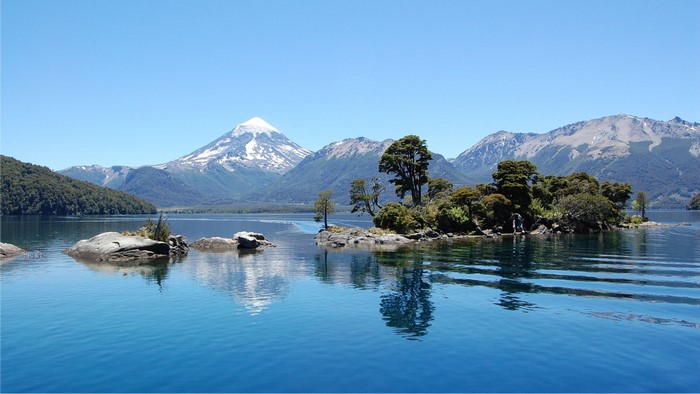 Lake Nahuel Huapi with snow-capped mountains and island