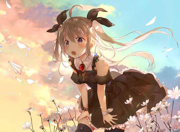 Anime girl with twintails in a field of flowers