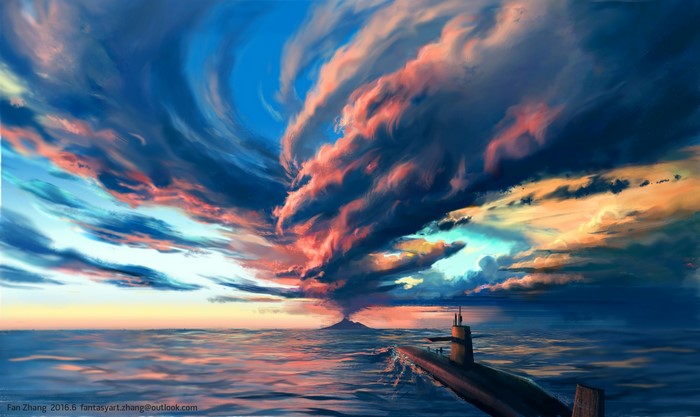 Submarine sailing towards a volcano under dramatic clouds