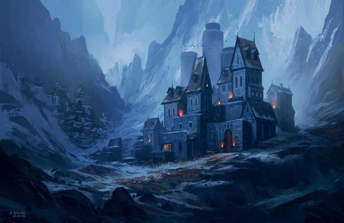Winter castle in a snowy mountain valley by Andreas Rocha