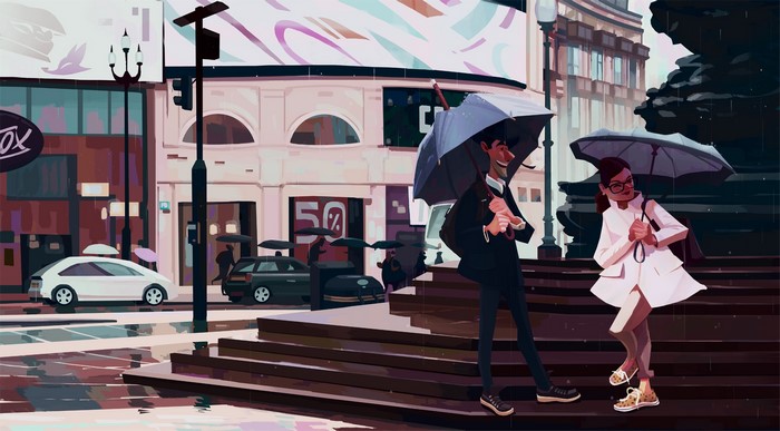 Couple with umbrellas on city stairs in the rain