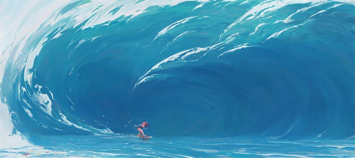 Woman surfing a giant blue wave