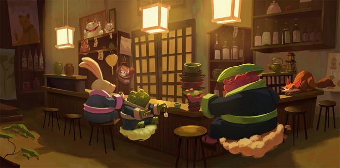 Anthropomorphic animals at a Japanese bar