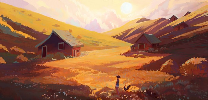 Concept art of a girl in a field with buildings and mountains