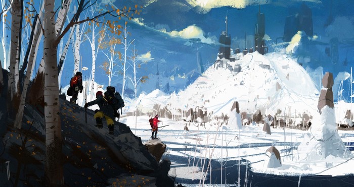 People hiking in a snowy, futuristic landscape