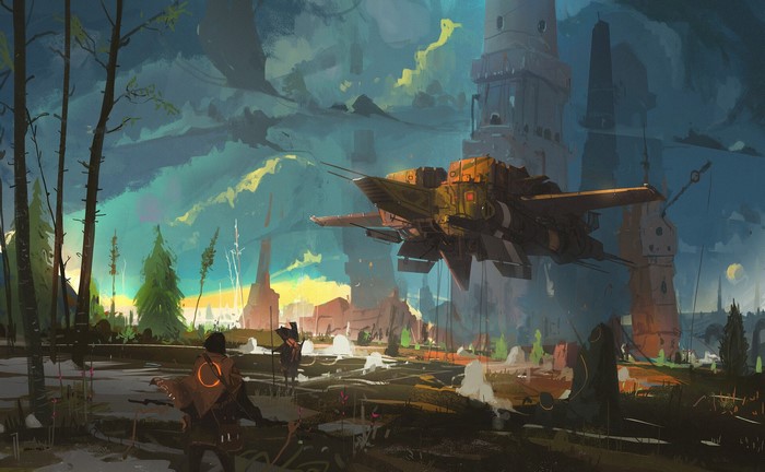 Sci-fi landscape with a flying ship and figures