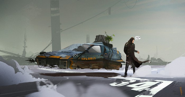 Man in cloak next to a taxi hovercar in a snowy city
