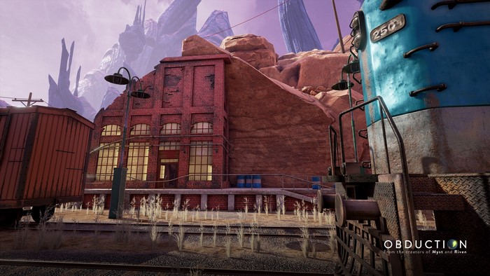 Obduction freight train at industrial brick building