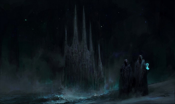 Two figures in dark robes stand before a dark castle under a starry sky.
