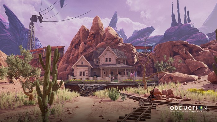 Obduction game environment with house and alien landscape
