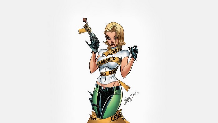 Abbey Chase from Danger Girl holding a gun