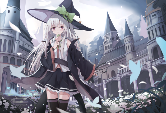 Anime witch girl with white hair and a castle background