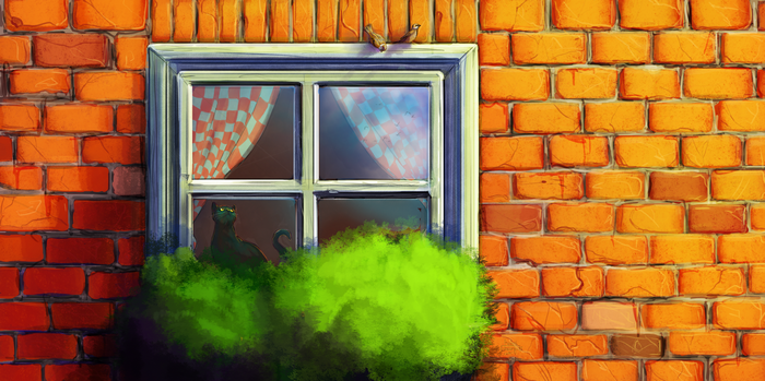 Black cat in window with birds on brick wall