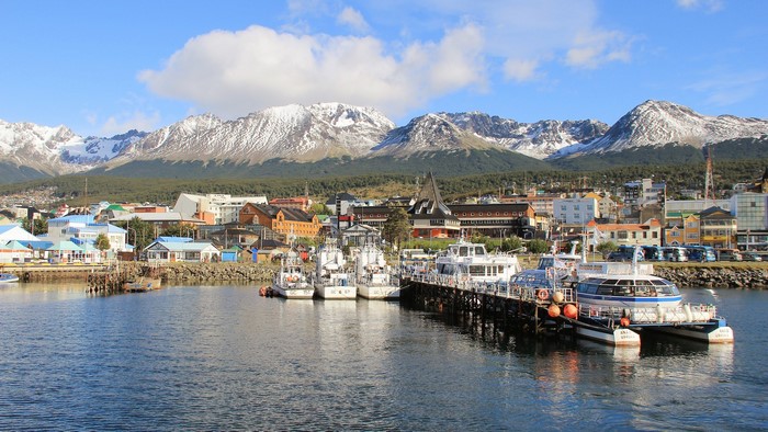 Ushuaia, Patagonia: Harbor with Boats and Snow-Capped Mountains