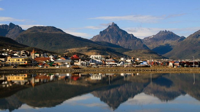 Ushuaia, Patagonia, with mountains and water reflection