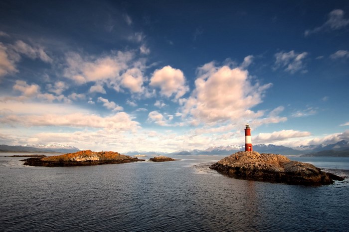 Lighthouse on a rocky island in Ushuaia, Patagonia