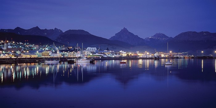 Ushuaia, Patagonia at twilight with mountain backdrop